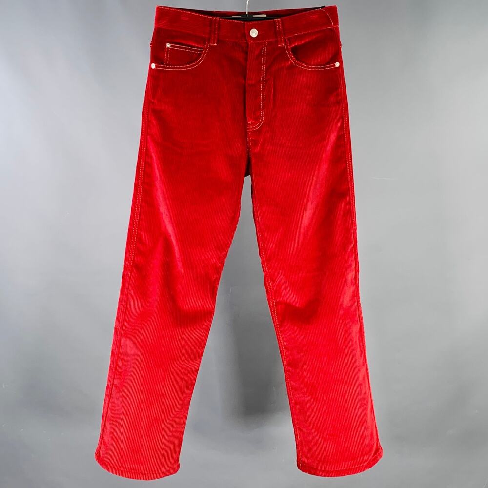 MARNI Size 28 Red Corduroy Cotton Contrast Stitch Wide Leg Casual Pants